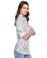 Karl Lagerfeld Paris Women's Printed Utility Button-Down Top, Regular & Petites