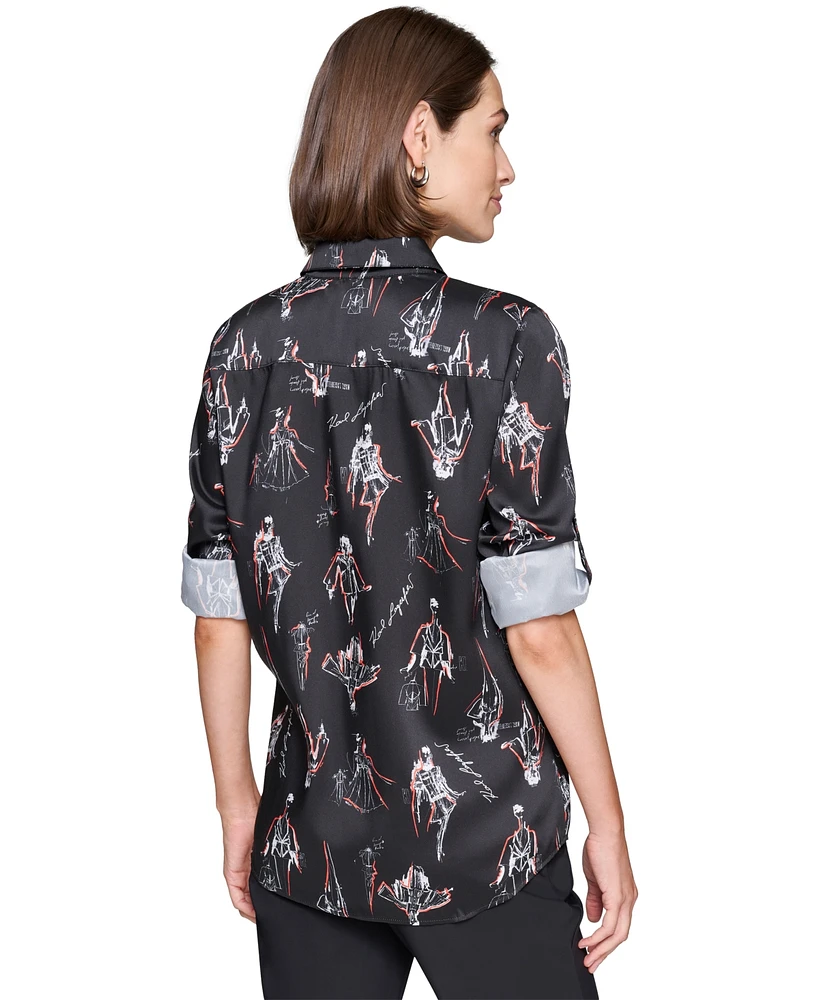 Karl Lagerfeld Paris Women's Printed Utility Button-Front Top