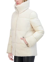 Tahari Women's Mixed-Media Stand-Collar Puffer Coat