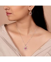 Holiday Party Christmas Pink Rose Cz Clear Cubic Zirconia Snowflake Necklace Pendant Dangling Earrings Jewelry Set For Women Lever Back .925 sterling