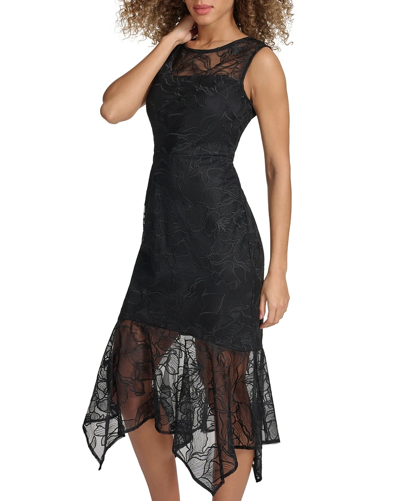 kensie Women's Embroidered Mesh Handkerchief-Hem Dress