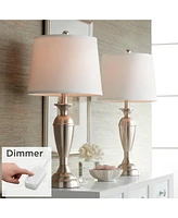 Regency Hill Blair Traditional Table Lamps 25" Tall Set of 2 with Dimmers Brushed Nickel Metal Candlestick White Fabric Drum Shade for Bedroom Living