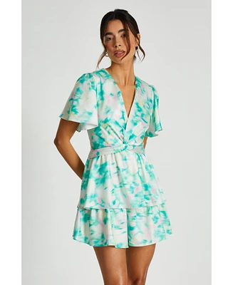 Quiz Women's Abstract Floral Satin Frill Romper