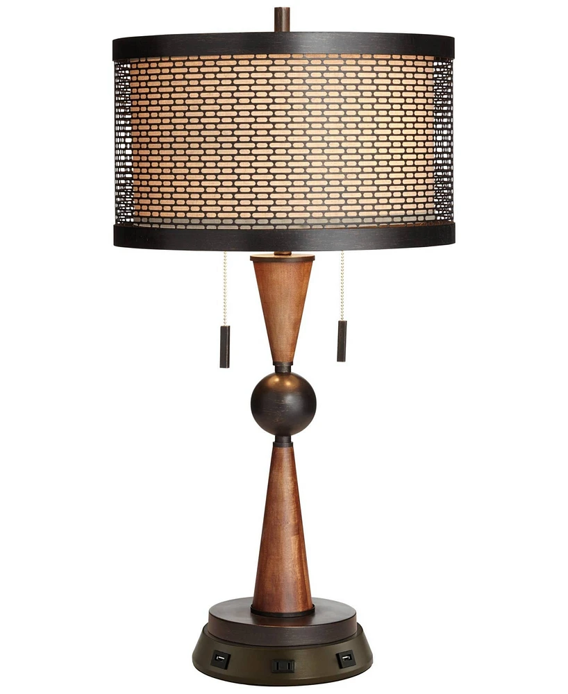 Franklin Iron Works Hunter Rustic Farmhouse Table Lamp with Usb and Ac Power Outlet Workstation Charging Base 28.75" Tall Bronze Cherry Wood Double Dr