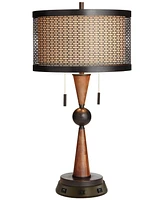 Franklin Iron Works Hunter Rustic Farmhouse Table Lamp with Usb and Ac Power Outlet Workstation Charging Base 28.75" Tall Bronze Cherry Wood Double Dr