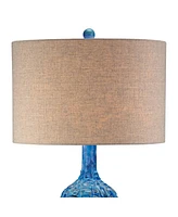 Possini Euro Design Mid Century Modern Style Table Lamp with Table Top Dimmer 36" Tall Teal Glaze Ceramic Tan Linen Drum Shade for Living Room Bedroom