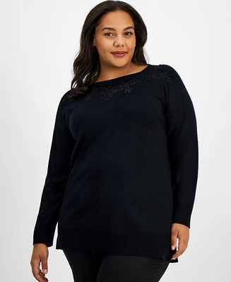 Jm Collection Plus Lace-Applique Sweater, Created for Macy's