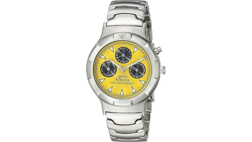 Gino Franco Men's Yellow Dial Round Stainless Steel Multi-Function Bracelet Watch