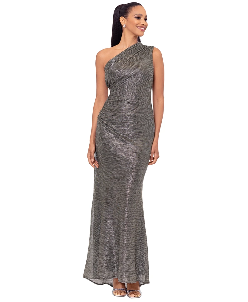 Betsy & Adam Women's Metallic One-Shoulder Sleeveless Gown