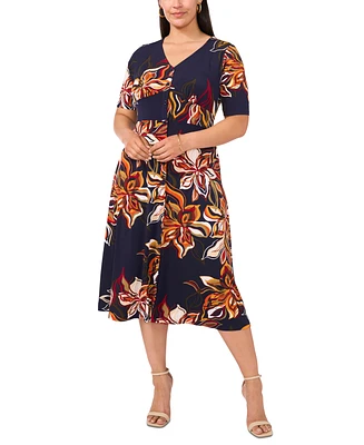 Msk Plus Size Printed V-Neck Button-Front Short-Sleeve Dress