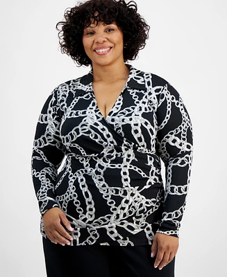 I.n.c. International Concepts Plus Printed Faux-Wrap Top, Created for Macy's