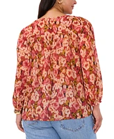 Vince Camuto Women's Plus Size Floral-Print Shirred-Shoulder Button-Front V-Neck Blouse