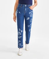 Style & Co Petite High-Rise Floral-Motif Straight Jeans, Created for Macy's