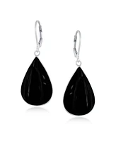 Bling Jewelry Large Flat Pear Shaped Black Onyx Teardrop Dangle Lever back Earrings Sterling Silver