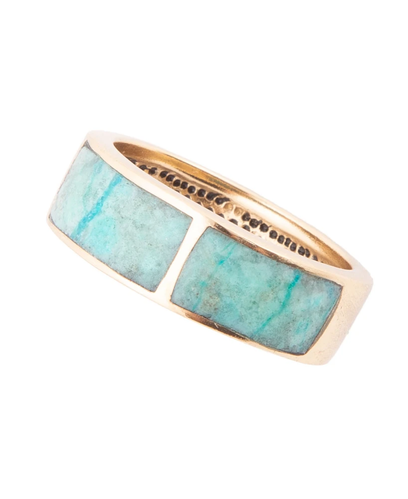 Barse Inlay Genuine Turquoise Golden Bronze Rectangle Ring