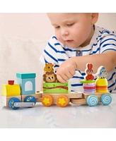 Wooden Stackable Train Set Kids Educational Fun Cars with Animal Toys & Locomotive