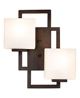 Possini Euro Design Lighting on the Square Modern Wall Light Sconce Bronze Hardwired 13 3/4" Wide 2-Light Fixture Opal Glass Shade for Bedroom Bathroo