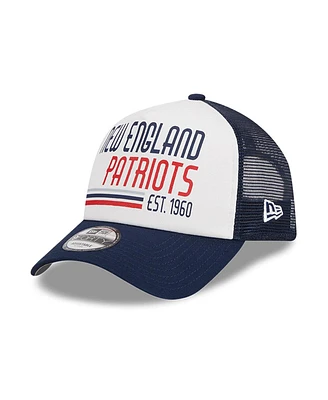 New Era Men's White/Navy New England Patriots Stacked A-Frame Trucker 9FORTY Adjustable Hat