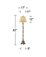 Rustic French Country Traditional Style Floor Lamp Standing 62" Tall Faux Wood Antique Candlestick Beige Silk Fabric Bell Shade Decor for Living Room