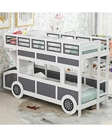 Streamdale Furniture Twin over Twin Bus-shaped Bunk Bed with Wheels and Storage, Gray+White