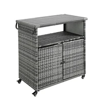 Versatile Outdoor Wicker Bar Cart with Wheels and Glass Tabletop