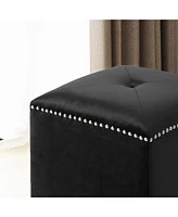 Plush Velvet Square Ottoman with Studded Trim and Single Tuft