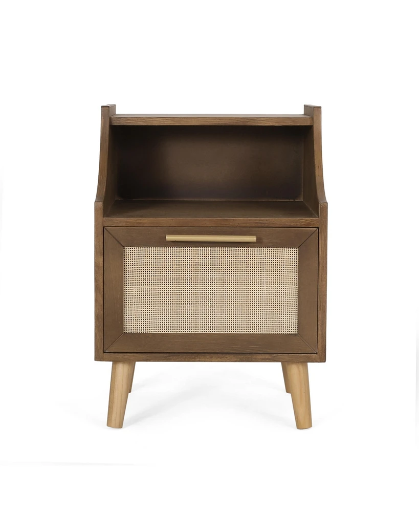 Simplie Fun Modern End Table with Rattan Accents, Built-in Hutch, and Ample Storage