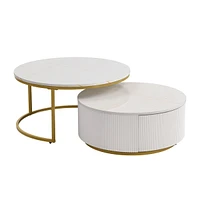 Modern Round Nesting Coffee Table Fluted with Drawer in Black & Gold in 31.5"