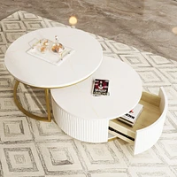 Streamdale Furniture Modern Round Nesting Coffee Table Fluted with Drawer in White & Gold in 31.5''