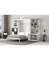 Simplie Fun Full Size Murphy Bed with Multiple Storage Shelves and A Cabinet, White