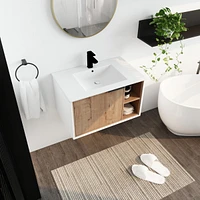 Modern Wall-Mounted Vanity with Soft-Close Door, Ceramic Sink, and Metal Handle