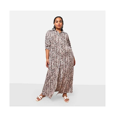 Rebdolls Plus Isha Bamboo Print Button Front Maxi Shirt Dress