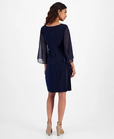 Connected Petite Drape-Neck Gathered-Detail Sheath Dress