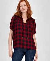 Tommy Hilfiger Women's Plaid Smocked Short-Sleeve Popover Top