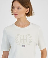 Tommy Hilfiger Women's Cotton Logo-Crest Crewneck Short Sleeve Sweater