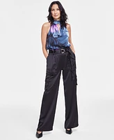 I.n.c. International Concepts Women's High-Rise Belted Satin Cargo Pants, Created for Macy's