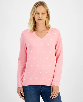 Tommy Hilfiger Women's Heart Print V-Neck Long-Sleeve Cotton Sweater