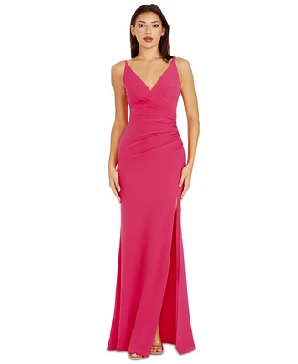 Dress the Population Women's Jordan V-Neck Asymmetrical Ruched Bodycon Maxi