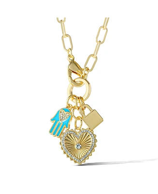 Jessica Simpson Womens Triple Charm Necklace 17" - Gold-Tone Necklace with Lock Charm and Heart Charms