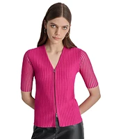 Dkny Women's Ribbed Short-Sleeve Zip-Front Top