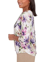 Alfred Dunner Petite Women's Embellished Keyhole Floral Textured Top