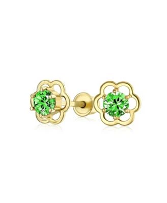 Minimalist Tiny Green Cz Open Flower Stud Earrings Cubic Zirconia Simulated Emerald 14k Real Gold Screw Back