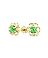 Minimalist Tiny Green Cz Open Flower Stud Earrings Cubic Zirconia Simulated Emerald 14k Real Gold Screw Back