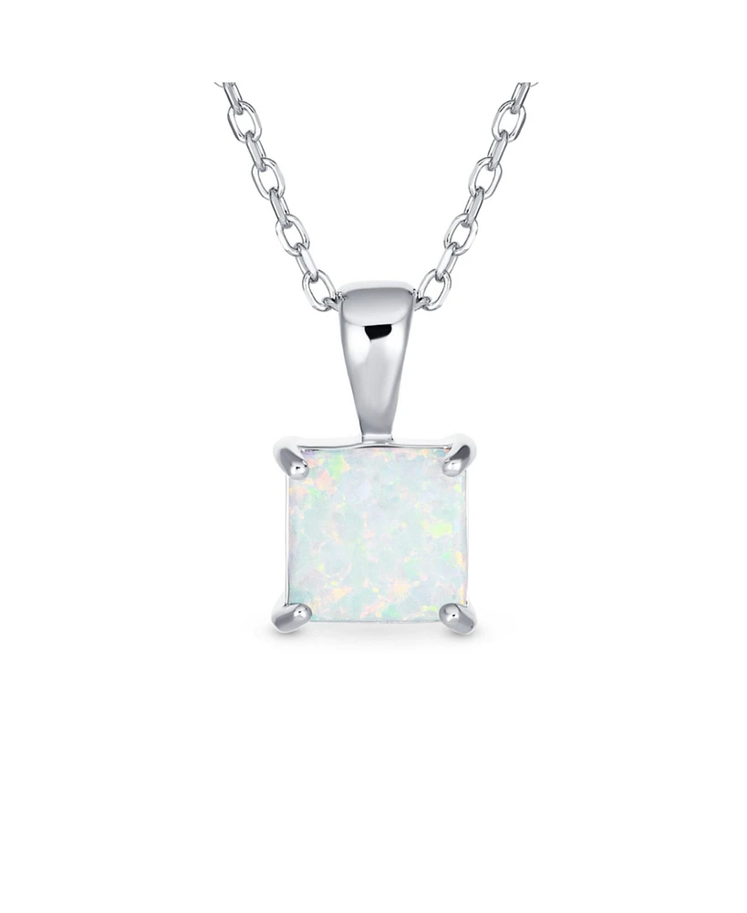 Bling Jewelry Dainty 4 Prong Set 1.25 Ct Solitaire Square Princess Cut White Synthetic Opal Pendant Necklace For Women Sterling Silver