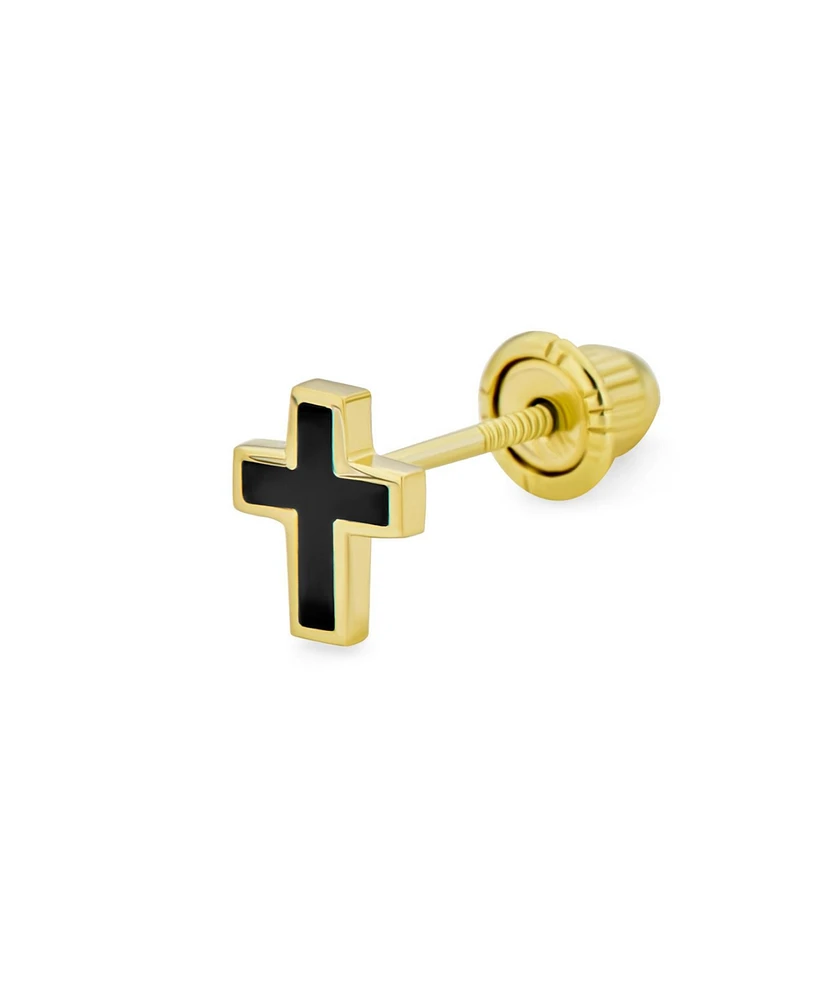 Bling Jewelry Tiny Minimalist Religious Christian 3D Mini Cross Cartilage Ear Lobe Piercing 1 Piece Stud Earring For Women Black Plated14K Yellow Gold