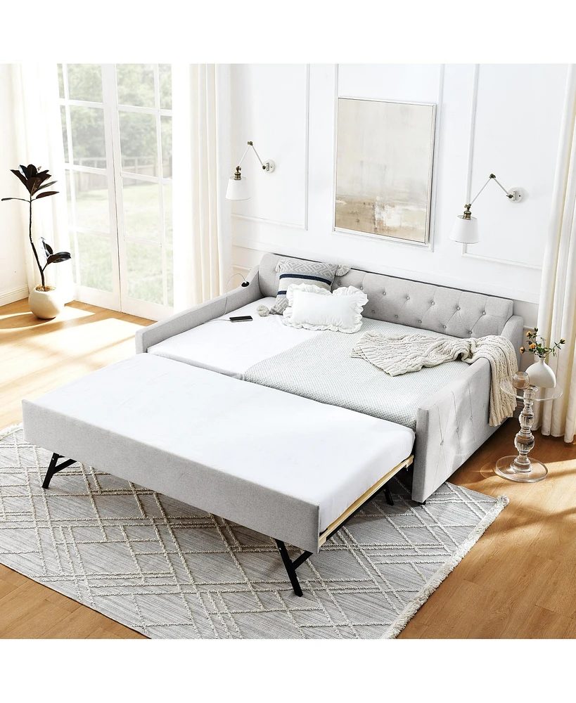 Simplie Fun Upholstery Full-Size Daybed with Trundle and Charging Ports