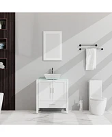 30" Bathroom Vanity and Sink Combo Glass Top Cabinet w/Mirror, White