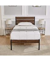 Streamdale Furniture Twin Size Bed Frame with Wood Headboard, Metal Frame with Strong Slats, Noise Free, No Box Spring Needed-Brown