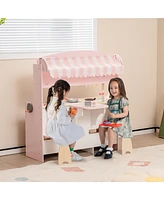 Costway 2 in 1 Kids Play Kitchen & Restaurant Double-Sided Pretend Playset with Canopy