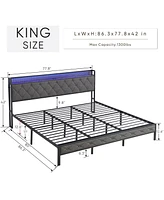 Mondawe King Bed Frame with Storage Headboard, Charging Station and Led Lights, Upholstered Platform Bed with Heavy Metal Slats